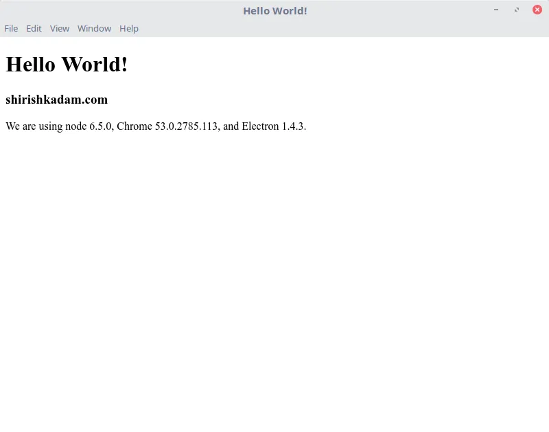 Hello World - Electron App running on Linux Mint 18